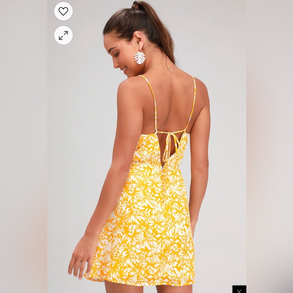 NWT Lulus On The Riviera Yellow Floral Print Tie-Back Mini Dress